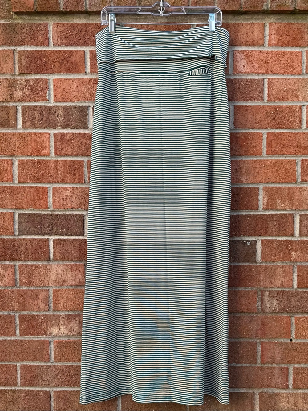 Kavu Green and Cream Striped Maxi Skirt with Fold-Over Waist Sz Large